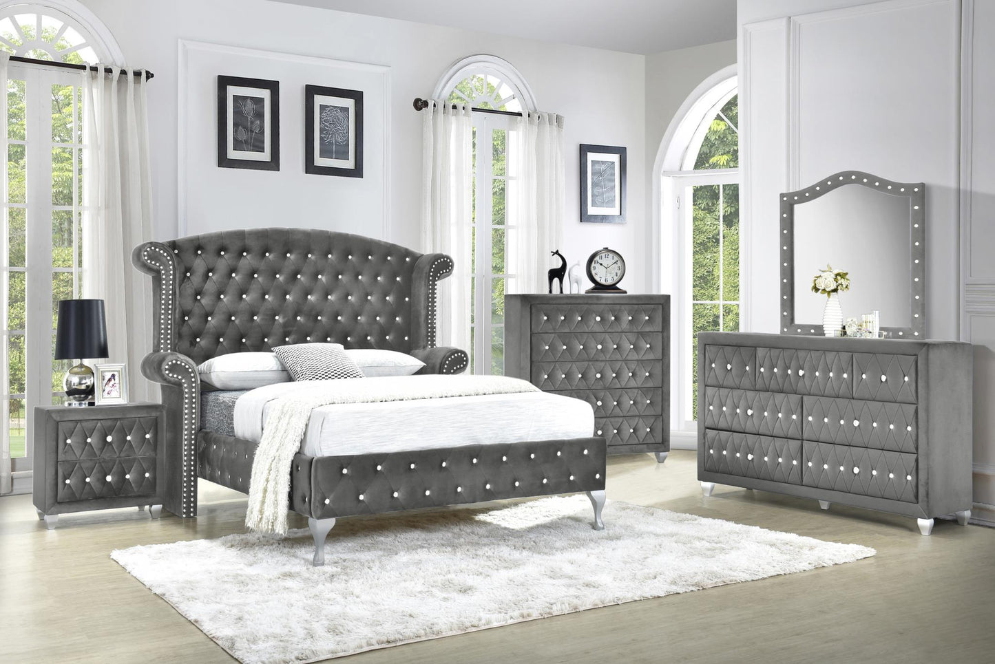 5PC Velvet Deanna Bedroom Set- Gray