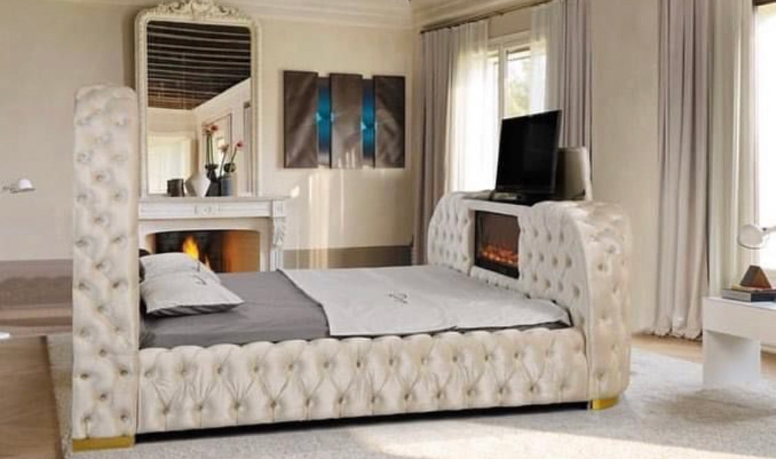 Bollywood Velvet Bed 🛏 w/ Fireplace & Pop Up Tv