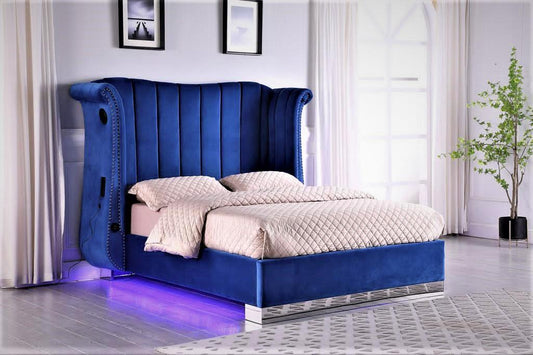 Yulee Velvet Queen Bed w/ Bluetooth Speaker, LED Lights & USB Plugs