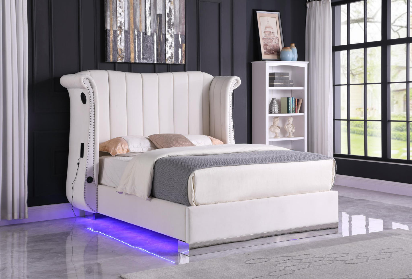 Yulee Velvet Queen Bed w/ Bluetooth Speaker, LED Lights & USB Plugs